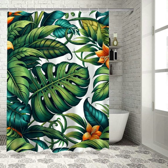 GOSMITH Tropical Summer Hawaiian Flower Palm Leaves Shower Curtain for Bathroom Decoration White