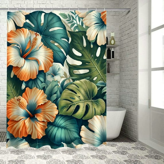 GOSMITH Tropical Summer Hawaiian Flower Palm Shower Curtain for Bathroom White