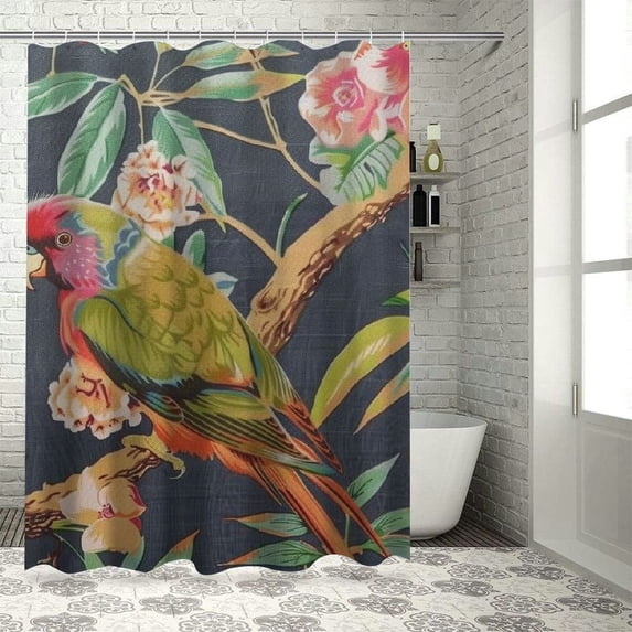 Leisuo Tropical Tree Flowers Hibiscus Blooming Protea Palm Leaves Parrot Ara Toucan Decorative Shower Curtain Multiple Sizes Durable and Washable White