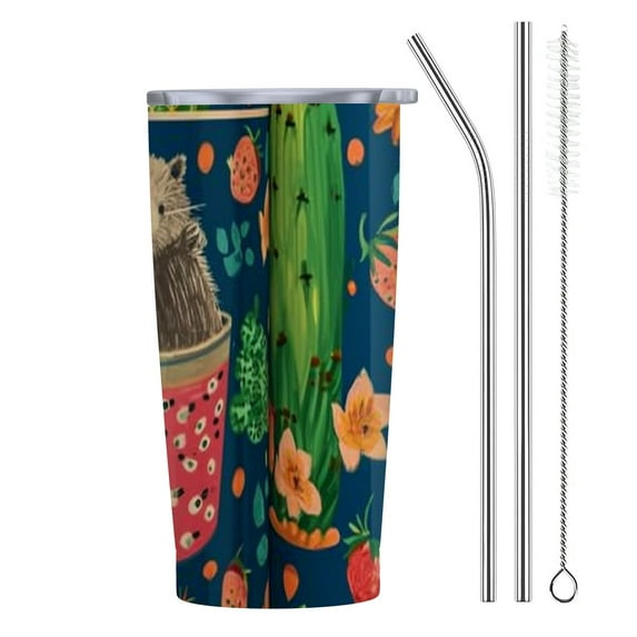 GOSMITH Tumbler Green Cactus Hedgehog Mushroom Apples Insulated Coffee Cup Beverage Container Travel Mug with Straw and Lid Double Wall Stainless Steel for Sport, Back to School