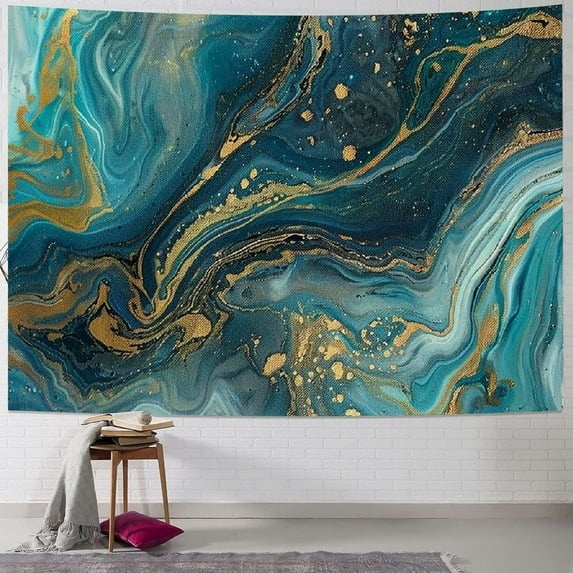 GOSMITH Turquoise Marble Tapestry Abstract Art Teal Gold Liquid Flowing Swirl Wall Hanging Luxury Natural Texture Psychedelic for Living Room Bedroom College Drom Decor Painting