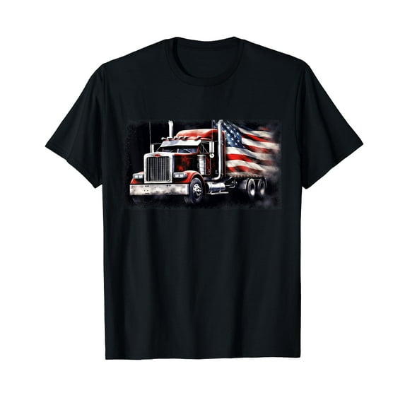 Leisuo US American Flag Semi Truck Driver Trucker T-Shirt black