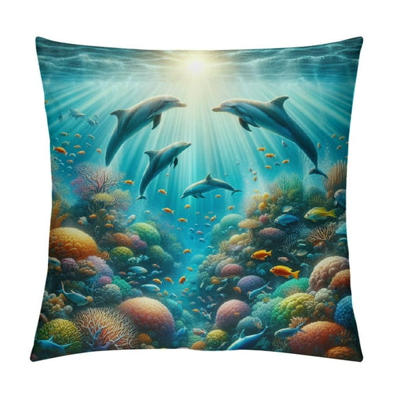GOSMITH Underwater World Throw Pillow Case Dolphins Plants Blue Ocean Bottom Aquatic Algae Fish Cushion Covers for Decorative Bedroom/Living Room/Sofa/Farm House