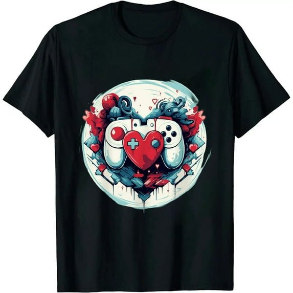 Leisuo Valentines Day: Video Games Heart Mens & Womens Gaming T-Shirt black