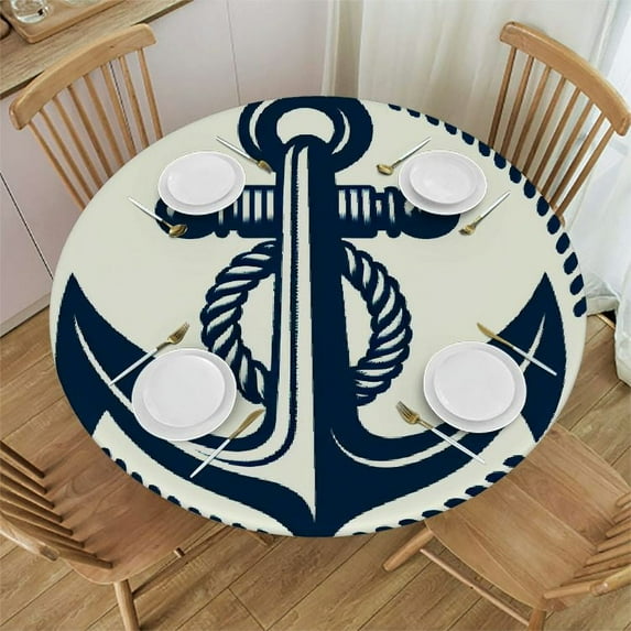 GOSMITH Vintage Anchor Nautical Theme Decorative Waterproof Resistant Fabric Round Table Cover White