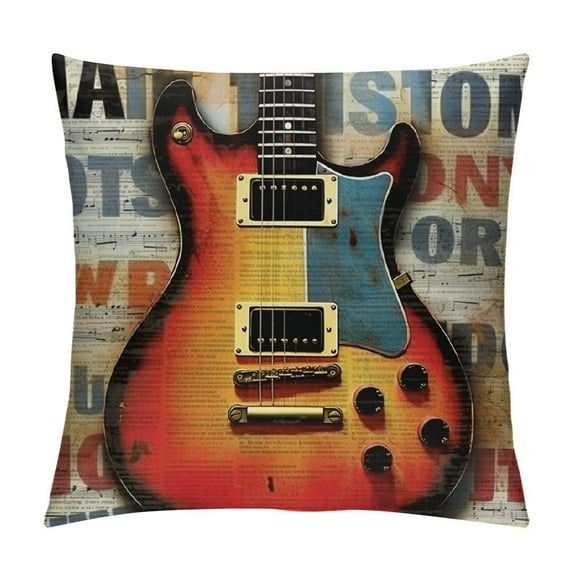 GOSMITH Vintage Quote Music Theme Decor Throw Pillow Covers Lettering Around Music Instruments Guitar Pattern Standard Pillowcase Decorative Couch Music Room Bed