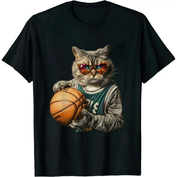 GOSMITH Vintage Retro Cat Playing Basketball, Kitties Pet Lover T-Shirt