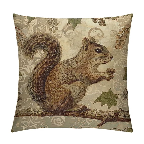 Leisuo Vintage Wildlife AnimalsThrow Pillow Covers Squirrel Bear Elk Rabbit with Green Plants Cushion Cover Home Decor Square White