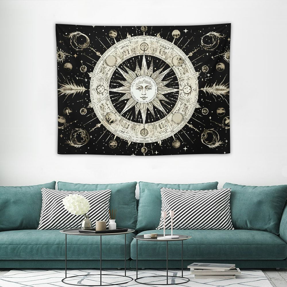 GOSMITH Wall Tapestry, Sun and Moon Tapestry Psychedelic Black and