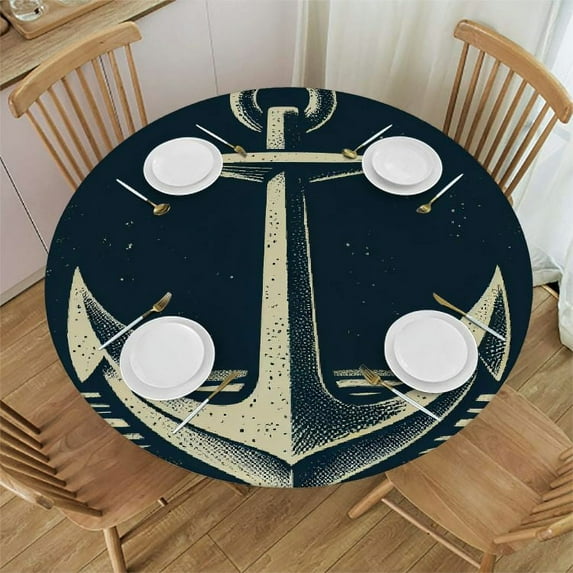 GOSMITH Waterproof Resistant Fabric Round Tablecloth Anchor Navy Blue White Nautical Sailing Decor Anchor Square White
