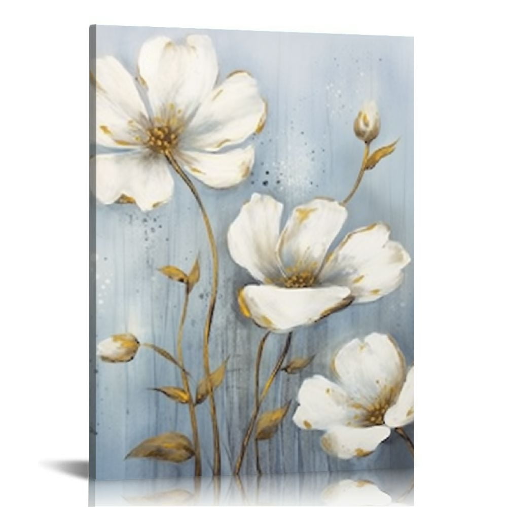 GOSMITH White Flower Wall Art Blooming Floral with Gold Foil Canvas Print Wall Art The Picture