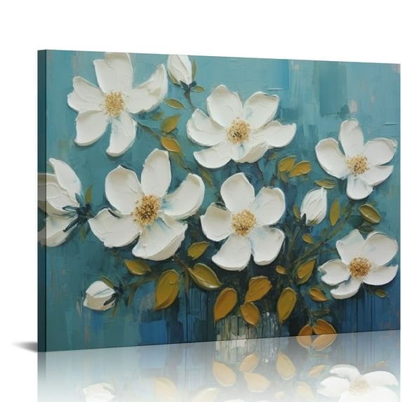 GOSMITH White Flowers Wall Art Canvas Magnolia Teal Floral Thick Textured Picture Gold Turquoise Blue Painting Artwork Framed for Living Room Bedroom Bathroom Home Office Wall Decor