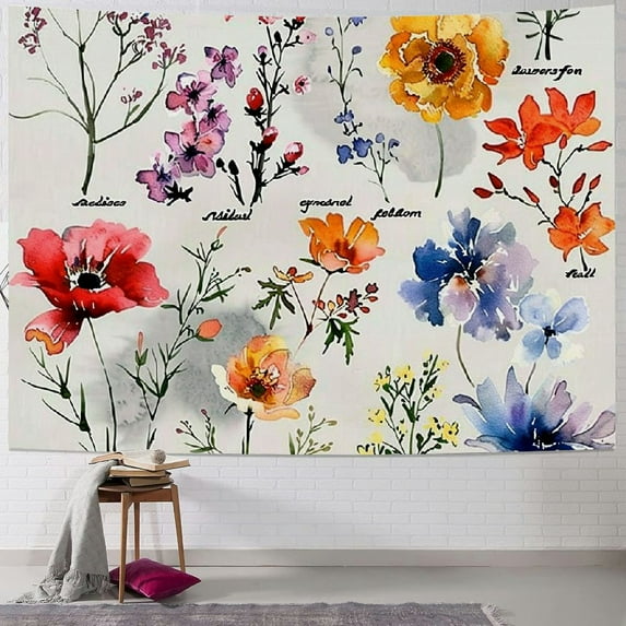 GOSMITH Wildflowers Vertical Tapestry Wall Hanging, Illustrative Reference Chart Tapestry With Word, Beige White Vintage Tarot Flag Straight Tapestry Painting