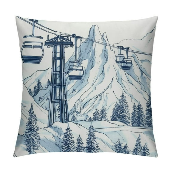 GOSMITH Winter View Pillow Cover,Ski Sports Throw Pillow Case Cover for Sofa Bed,Navy Blue White Sketch Skiing Snow Mountain Double Sides Print Cushion Cover Room Decor