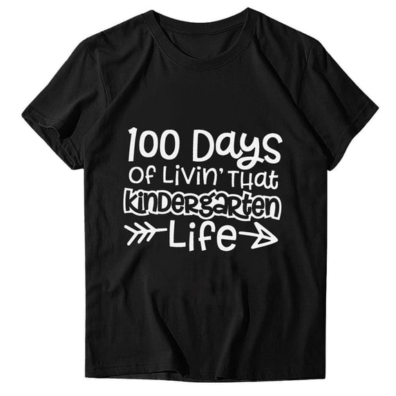 Leisuo Women's Letter Printed Funny T Shirt O-Neck Summer for Teens 100th Day of School Short Tops blue04
