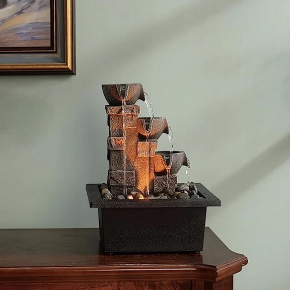 GOSSI Home Dcor Imitation 3-Tier Stone Wall Tabletop Fountain Many Natural River Rock Office Relaxing Waterfall Meditation Tabletop Fountain LED Lights Fountain(22070)