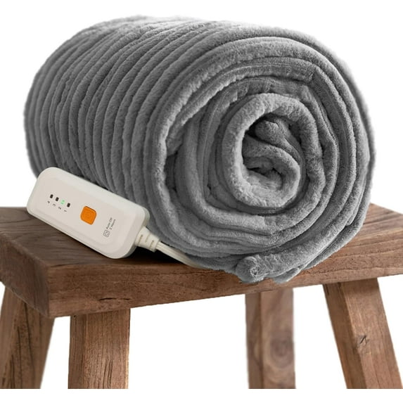GOTCOZY Electric Blanket Heated Throw 50''X60''- Ribbed Faux Fur Heated Blanket with 4 Heating Level & 3 Hour Auto Off Heating Blanket, ETL&FCC Certified Machine Washable(Gray)