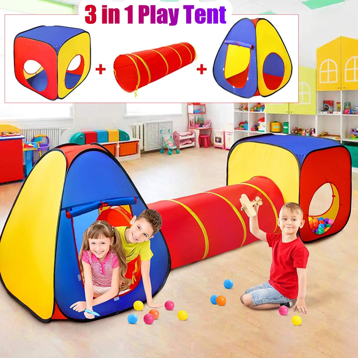 HALLOLURE BSHAPPLUS 3 in 1 Play Tent Tunnel Set Children Baby Play House Ball Pit Indoor Outdoor Toy Tent Toddlers Kids Colorful Toy Gift