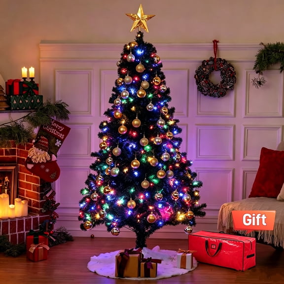 BSHAPPLUS® 6ft Pre-Lit Black Christmas Tree with Remote Control,Artificial Hinged Christmas Tree with 500 LED Lights, 11 Light-Modes and 1200 Branch Tips for Home, Party Decoration