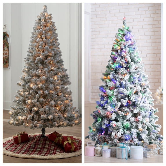 GOTGELIF® 9ft Pre-Lit Snow Flocked Christmas Tree,Hinged Christmas Pine Tree,Christmas Tree with 2300 Flocked Tips,700 Bulbs, Two Lighting Modes:Warm and Colorful Lights,Foldable Metal Base