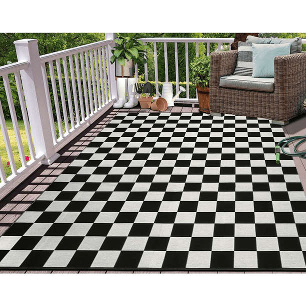GOTGELIF 9x12 Outdoor Rug Plastic Straw Rug Black and White Rug