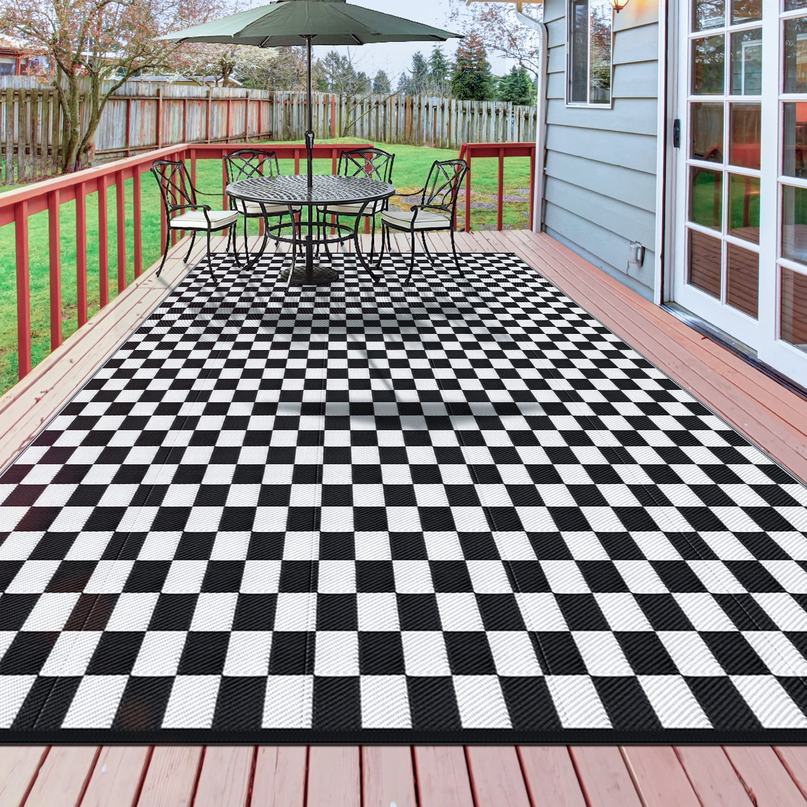 GOTGELIF 9x18 Reversible Outdoor Rug, Black/White, Portable for RV