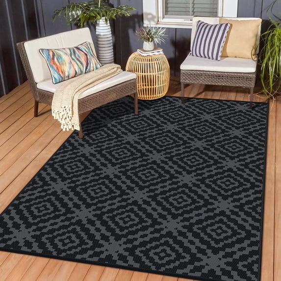 BSHAPPLUS® 9x18ft Outdoor Patio Rug, Waterproof Reversible Boho Geometric Plastic Straw Rug, UV Fade Resistant Portable Outdoor Carpet with Carry Bag & Stakes for RV Camping Deck Beach Balcony