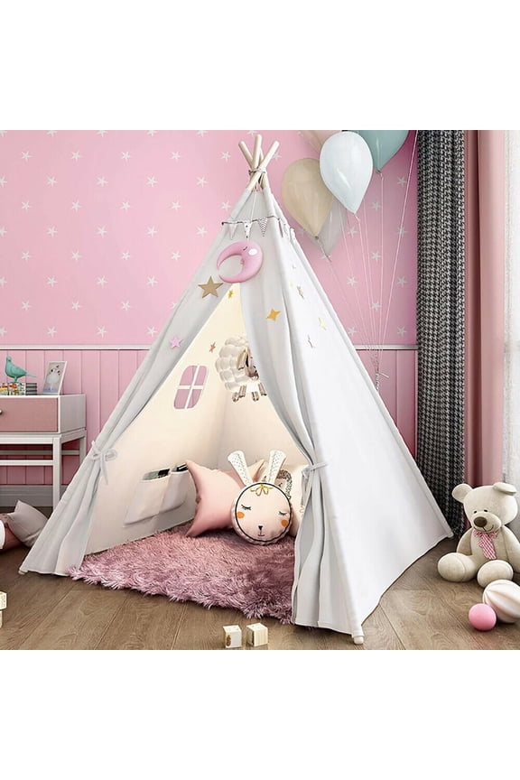 Teepee Tent for Kids, Natural Cotton Canvas Teepee Play Tent Beige White, Toys for Girls/Boys Indoor & Outdoor Playing