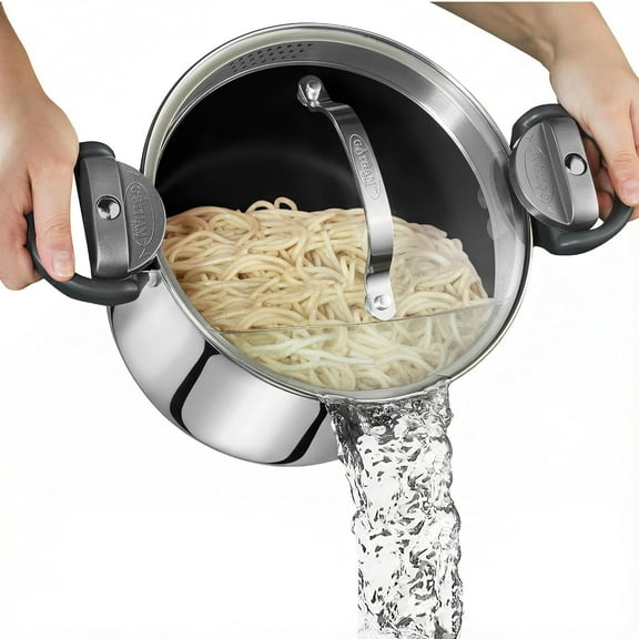 GOTHAM STEEL 5 Qt Stainless Steel Stock Pot Multipurpose Pasta Pot with Strainer Lid & Twist and Lock Handles, for Soup, Spaghetti, Rice, Induction Ready, Dishwasher Safe