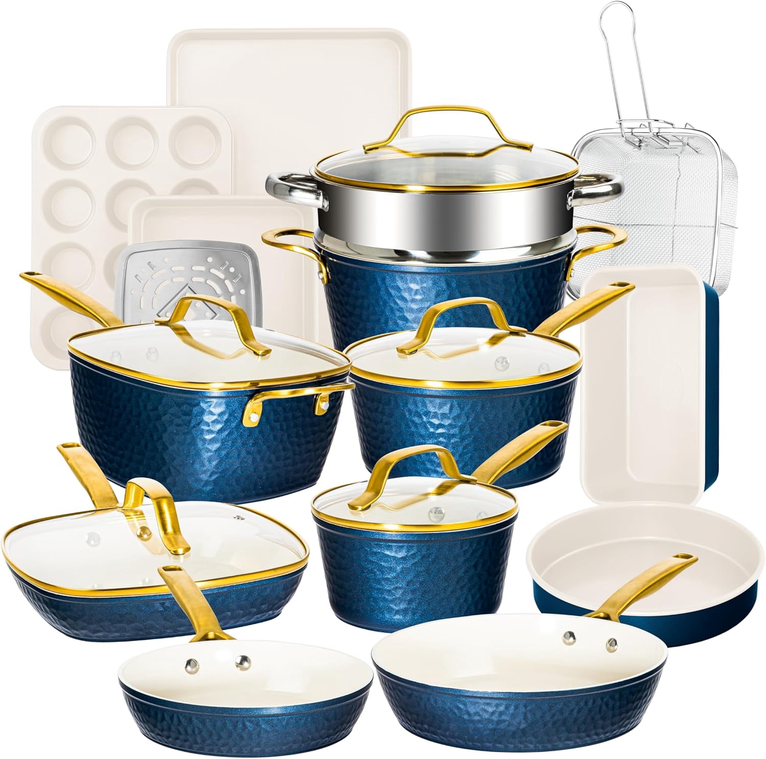 Gotham Steel Hammered 20 Pc Ceramic Cookware Set Nonstick, Induction Pots and Pans Set, Non Toxic Cookware Sets, Oven & Dishwasher Safe, Navy/Gold - Walmart.com