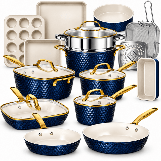 Gotham Steel Hammered 20 Pc Ceramic Cookware Set Nonstick, Induction Pots and Pans Set, Non Toxic Cookware Sets, Oven & Dishwasher Safe, Navy/Gold