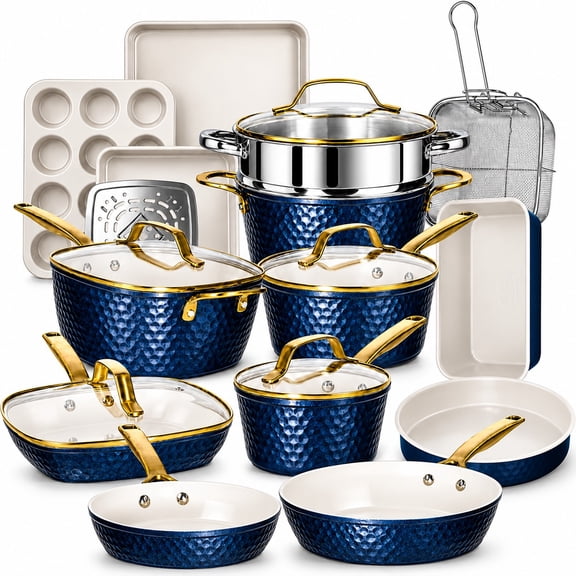 Gotham Steel Hammered 20 Pc Ceramic Cookware Set Nonstick, Induction Pots and Pans Set, Non Toxic Cookware Sets, Oven & Dishwasher Safe, Navy/Gold