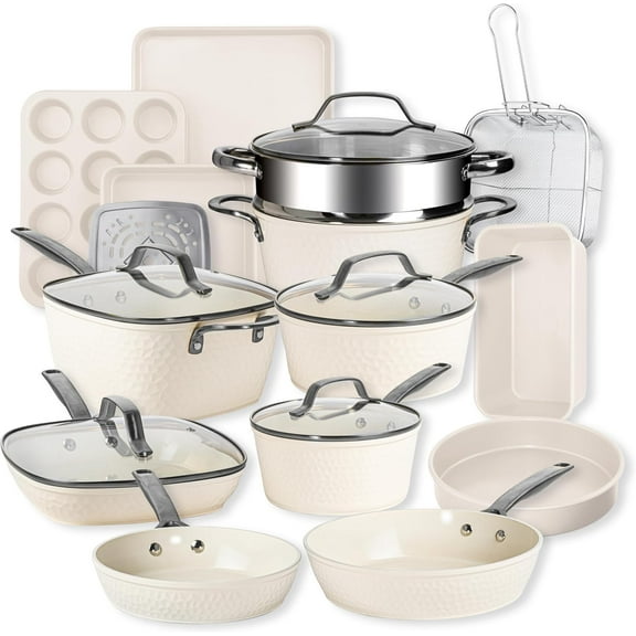 Gotham Steel Hammered 20Pcs Ceramic Cookware Set Nonstick, Induction Pots and Pans Set Non Stick with Deep Fry Pan, Steamer, and Bakeware, Non Toxic, Oven & Dishwasher Safe, Cream