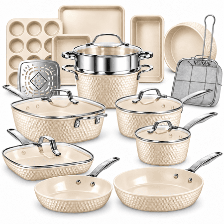 Gotham Steel Hammered 20Pcs Ceramic Cookware Set Nonstick, Induction Pots and Pans Set Non Stick with Deep Fry Pan, Steamer, and Bakeware, Non Toxic, Oven & Dishwasher Safe, Cream