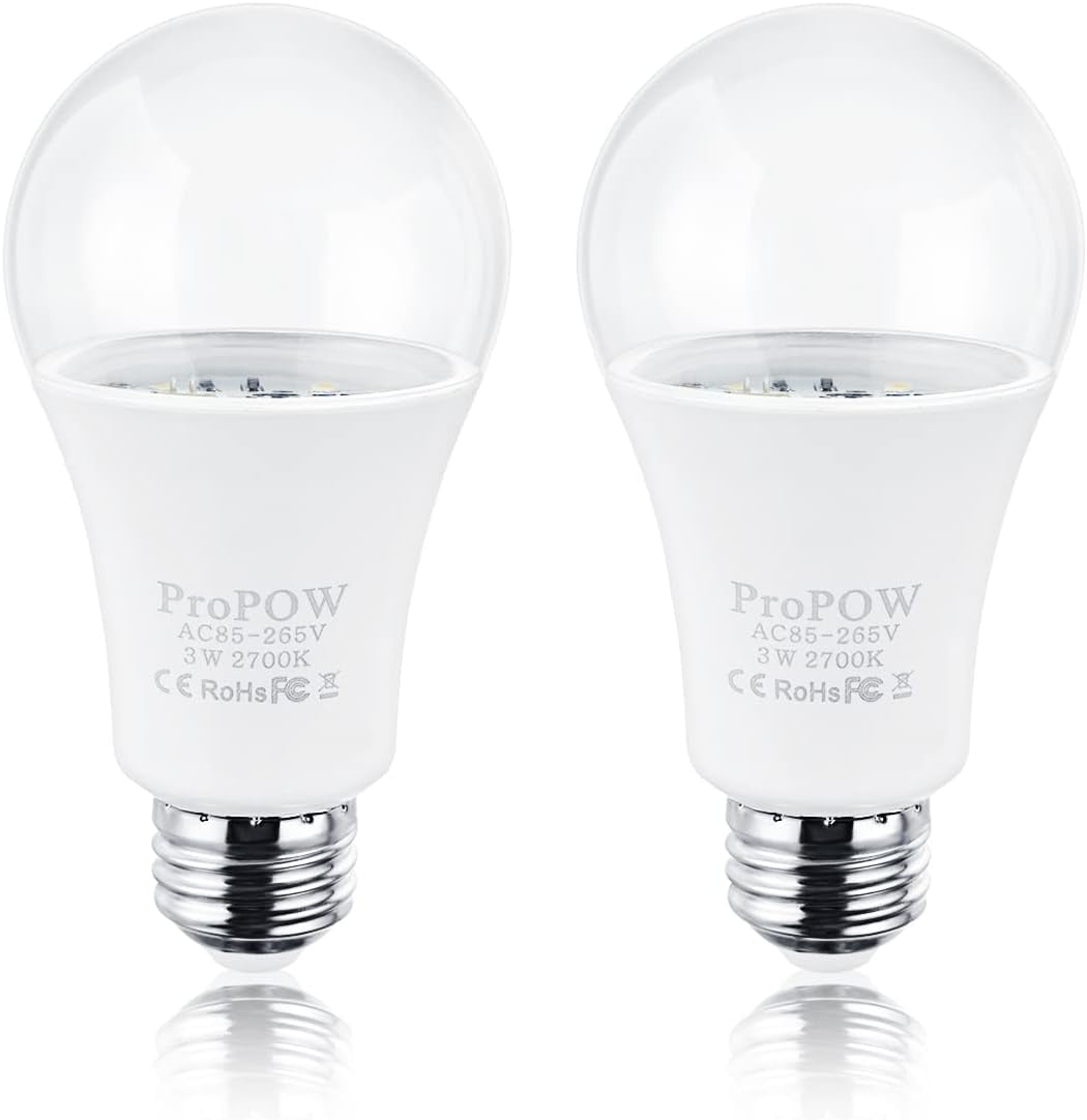GOTHICANA BY EMP25 Watt Dusk To Dawn Light Bulbs, A19 3W Clear Cover E26 Led Bulbs Automatic On/Off Indoor/Outdoor Lighting For Porch,Garage,Driveway,Yard,Hallway,Patio(300 Lumen,Soft White,2-Pack)