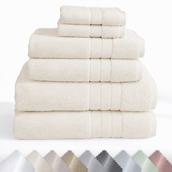 GOTS Certified, 100% Organic Cotton Bath Towels Set of 6, Made in Turkey - Quick Dry Absorbent, Soft & Lightweight (Ivory-Tofu)