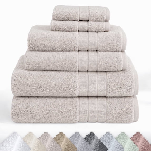 GOTS Certified, 100% Organic Cotton Bath Towels Set of 6, Made in Turkey - Quick Dry Absorbent, Soft & Lightweight - Light Beige