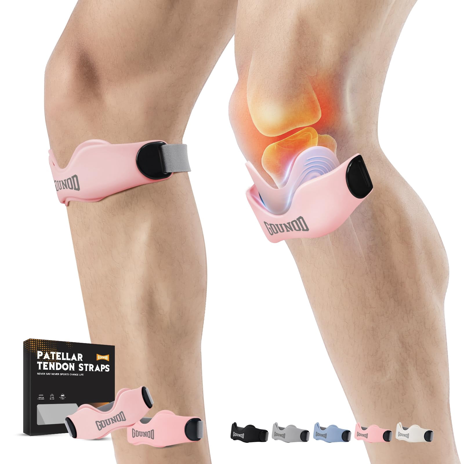 GOUNOD Patellar Tendon Support Strap 2 pack, Adjustablle Anti-Slip Knee Wrap, Unisex Knee Support for Running Cycling