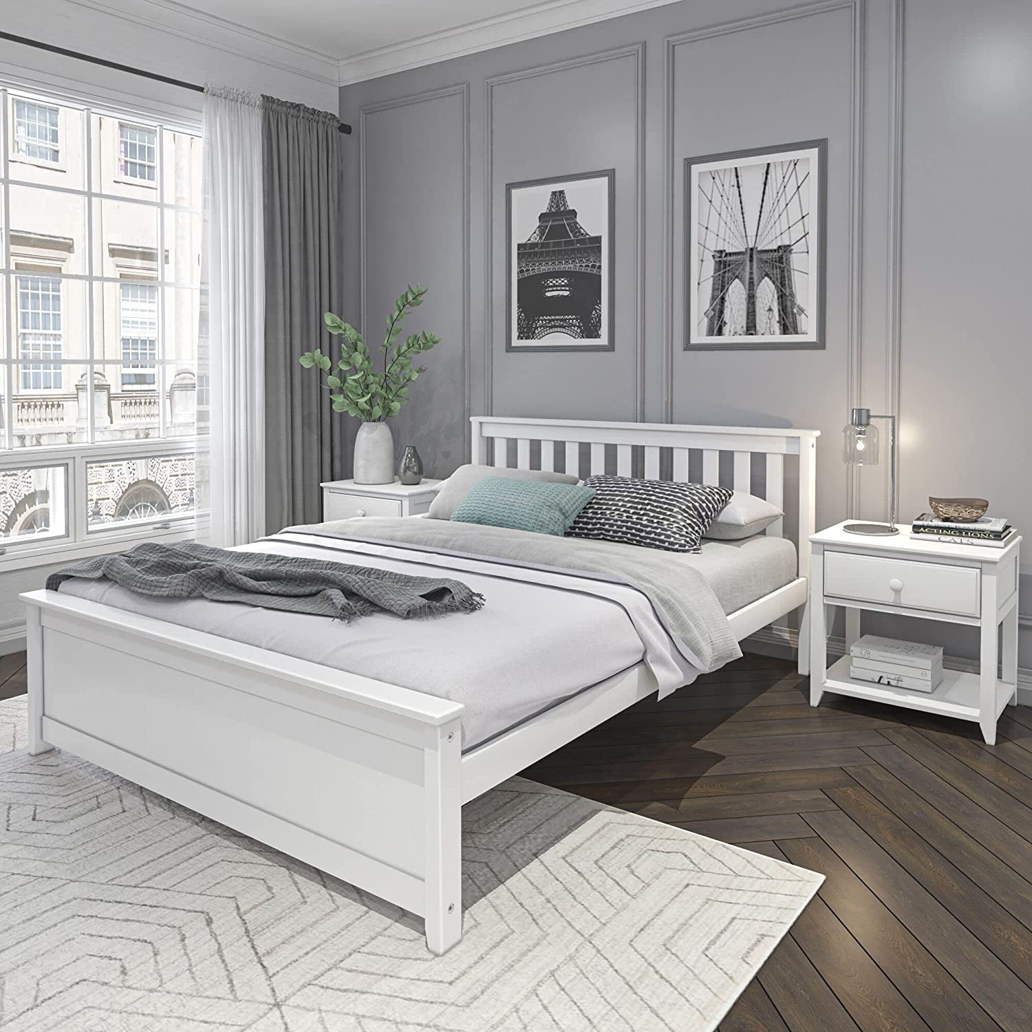 Elegant Pine Wood Queen Bed Frame with Slatted Headboard, White