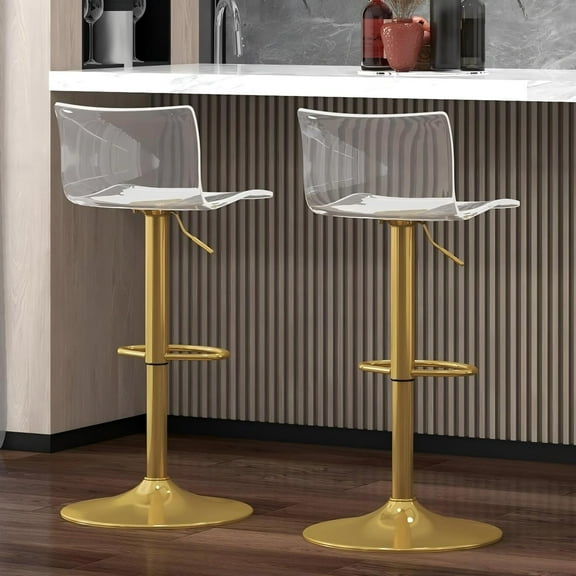Acrylic Bar Stools Set of 2, Clear Seat Metal Gold Base Barstools, Adjustable 360° Swivel Modern Bar Stool for Kitchen Island, Dining, Bar, Pub