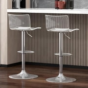 Acrylic Bar Stools Set of 2, Clear Adjustable Height Silver Base Barstools with Back, 360° Swivel Transparent Modern Bar