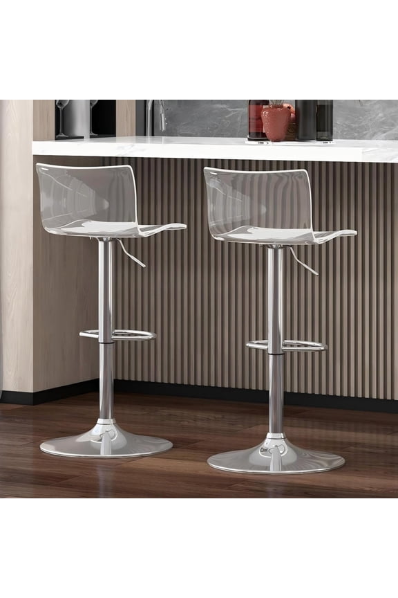 Acrylic Bar Stools Set of 2, Clear Adjustable Height Silver Base Barstools with Back, 360° Swivel Transparent Modern Bar Stool for Kitchen Island, Dining, Bar, Pub