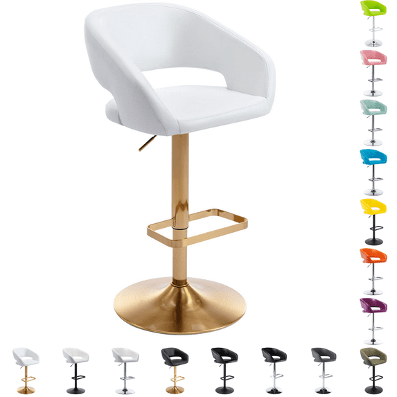 Adjustable Bar Stools, 360-Degree Swivel Barstools with Open Back and Arms, PU Leather Counter Height Island Chairs with Square Footrest for Pub Kitchen Dining Room, White