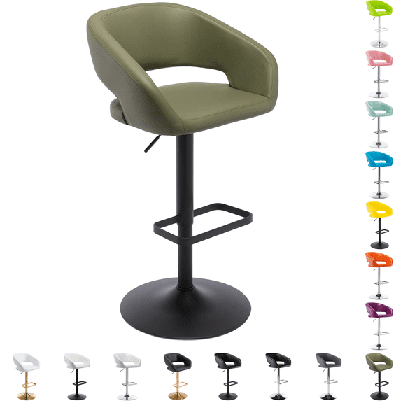 Adjustable Bar Stools, 360-Degree Swivel Barstools with Open Back and Arms, PU Leather Counter Height Island Chairs with Square Footrest for Pub Kitchen Dining Room, Olive Green