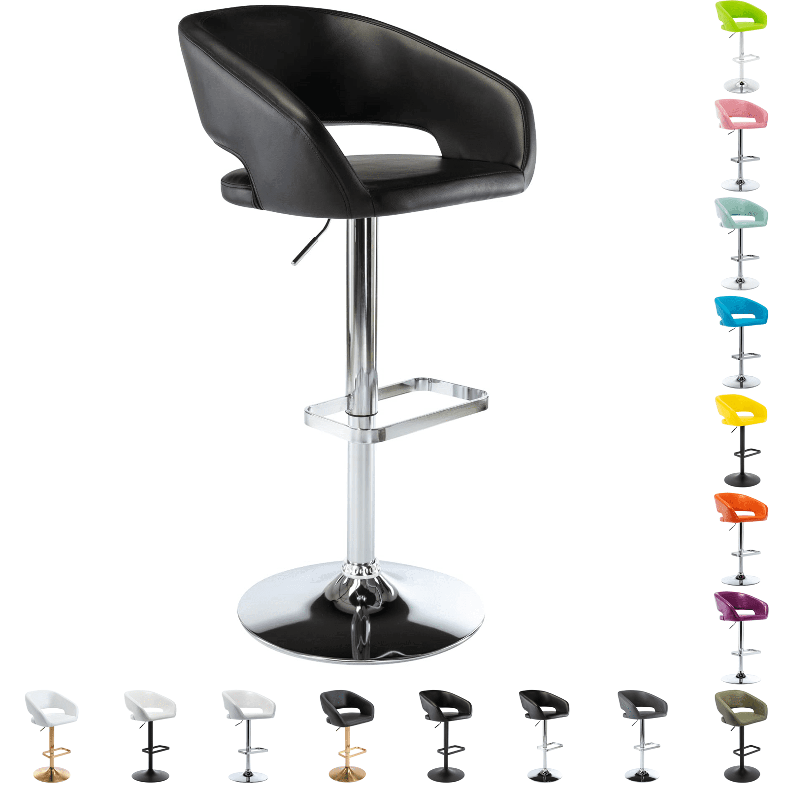 Adjustable Bar Stools, 360-Degree Swivel Barstools with Open Back and Arms, PU Leather Counter Height Island Chairs with Square Footrest for Pub Kitchen Dining Room, Black