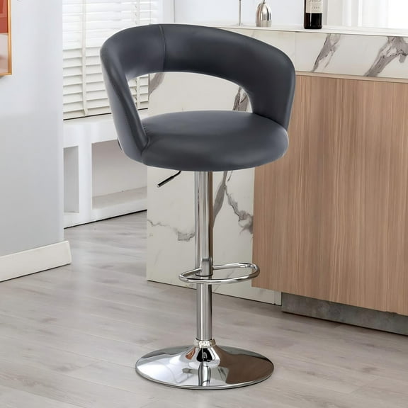 Bar Stools Adjustable Height, PU Leather Modern Swivel Barstools with Hollow Back and Arms, Counter Height Bar Stool for Kitchen Bar, Slate Gray