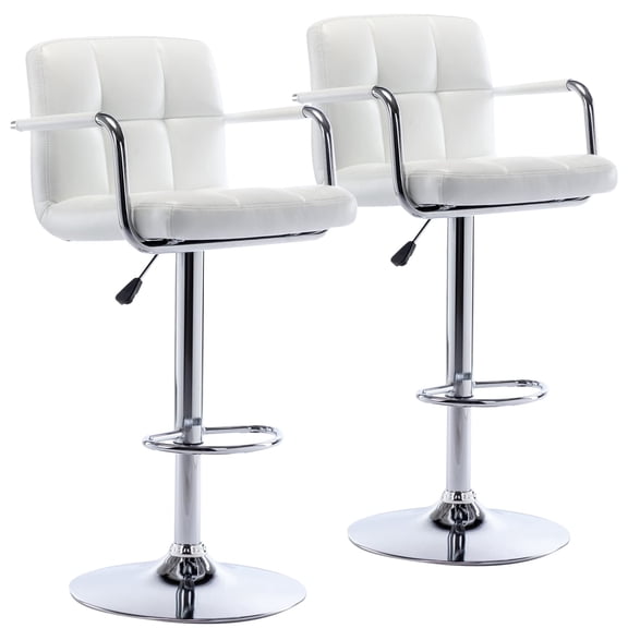Bar Stools Set of 2, PU Leather Pneumatic Lift Height Adjustable 360°Swivel Barstools with Backrest and Armrest for Kitchen Home Bar, White