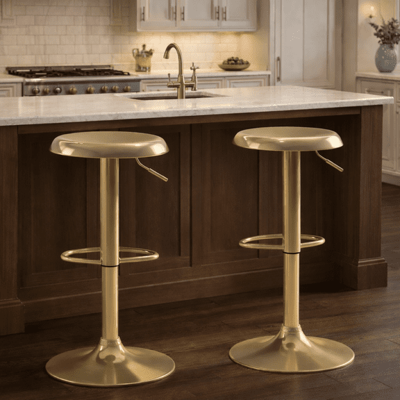 Metal Bar Stools Set of 2, Counter Height Adjustable Barstools, Backless 360° Swivel Kitchen Stools for Island, Dining, Bistro, Pub (Gold）