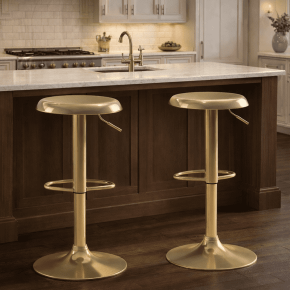 Metal Bar Stools Set of 2, Counter Height Adjustable Barstools, Backless 360° Swivel Kitchen Stools for Island, Dining, Bistro, Pub (Gold)
