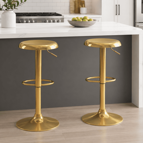 Metal Bar Stools Set of 2, Counter Height Adjustable Barstools, Backless 360° Swivel Kitchen Stools for Island, Dining, Bistro, Pub (Gold)